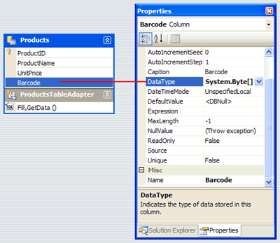 Setting up the Barcode Column to System.Byte[] data type