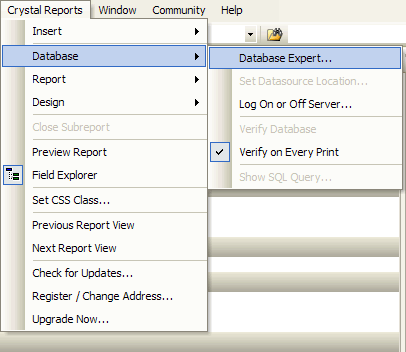 Opening Crystal Reports Database Expert dialog box