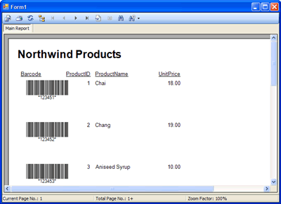 The Crystal Report featuring barcodes generated by Barcode Professional