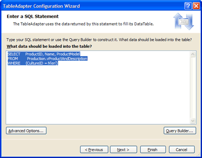 Specifying a SQL Statement that returns AdventureWorks Product info