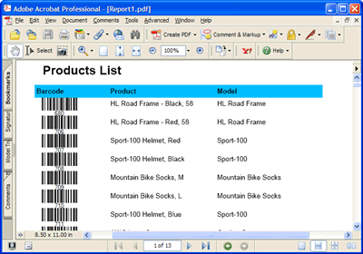 The local report in Acrobat PDF format featuring barcodes generated by Barcode Professional