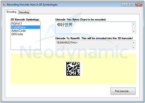 Windows App Encoding Chinese Hello World Unicode in 2D Data Matrix Barcode