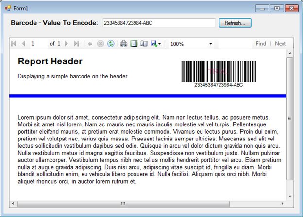 The Windows Forms app sample displaying a barcode image inside the Header section of a RDLC report