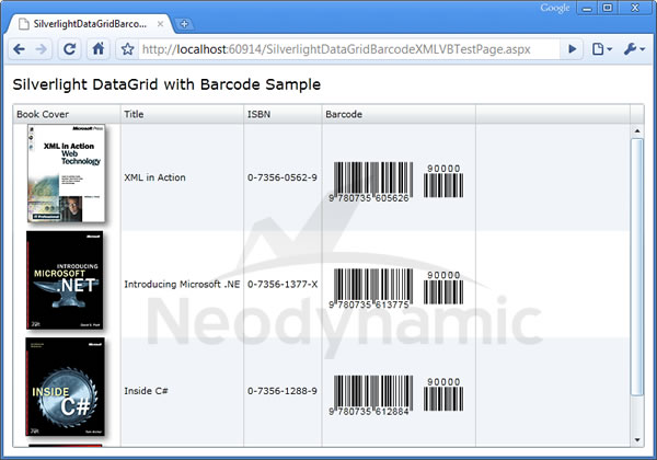 A Silverlight DataGrid with Barcodes generated by Barcode Professional for Silverlight