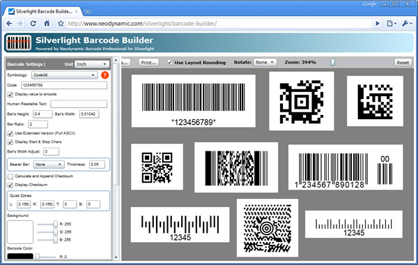 The Silverlight Barcode Builder sample application