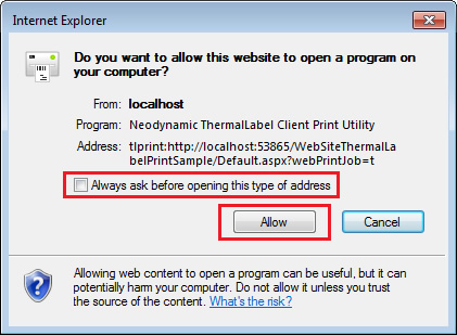 Internet Explorer TLClientPrint dialog