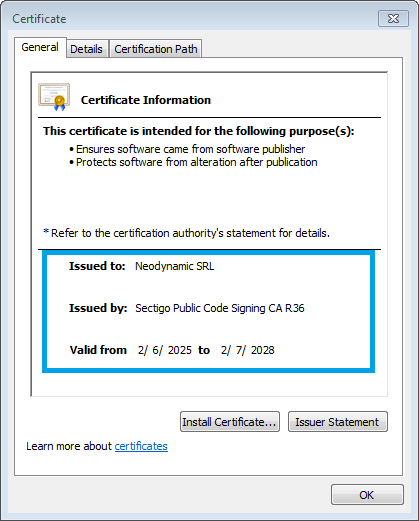 Neodynamic's Code Signing Certificate